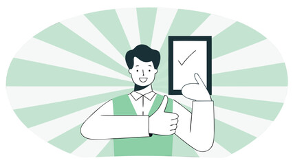 Smiling man giving thumbs up with checklist