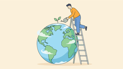 Environmental protection concept with man watering plant on Earth globe