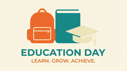 Education Day banner with academic symbols: backpack, book, graduation cap