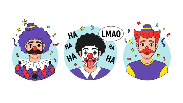 Three cartoon clowns with exaggerated makeup and colorful costumes, one sticking out its tongue and saying LMAO, surrounded by confetti and stars.