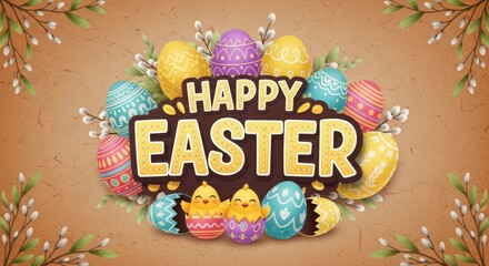 Colorful happy easter greeting with decorative eggs and chicks for celebration and card design