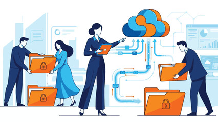 Business people managing secure data in cloud storage with digital folders