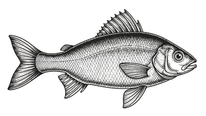 Obraz premium A detailed black and white illustration of a single fish, showcasing its scales, fins, and eye.
