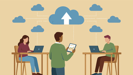 Business professionals using cloud computing for data sharing and collaboration