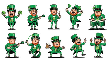 Collection of cartoon leprechauns in green suits celebrating St. Patrick's Day.