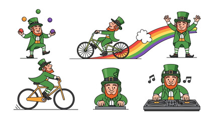 Fototapeta premium A collection of six cartoon illustrations featuring leprechauns engaged in various activities like juggling, cycling, and DJing.