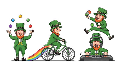 Fototapeta premium Happy Leprechauns Celebrating St. Patrick's Day: Juggling, Cycling with Rainbow Trail, and DJing