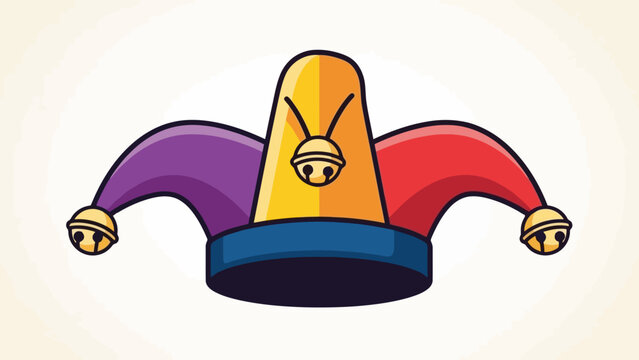 A colorful jester's hat with three points, adorned with bells and a blue band, against a light background.