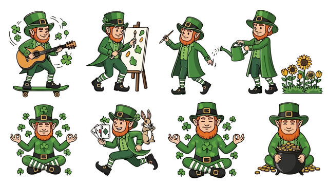 A collection of eight cartoon leprechauns engaged in various activities, including playing guitar, painting, watering plants, meditating, and holding a pot of gold.