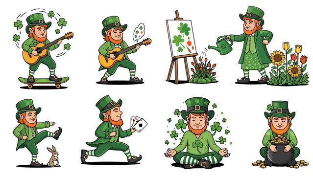 A collection of eight charming illustrations depicting a leprechaun engaged in various St. Patrick's Day themed activities, including playing music, painting, gardening, and meditating.