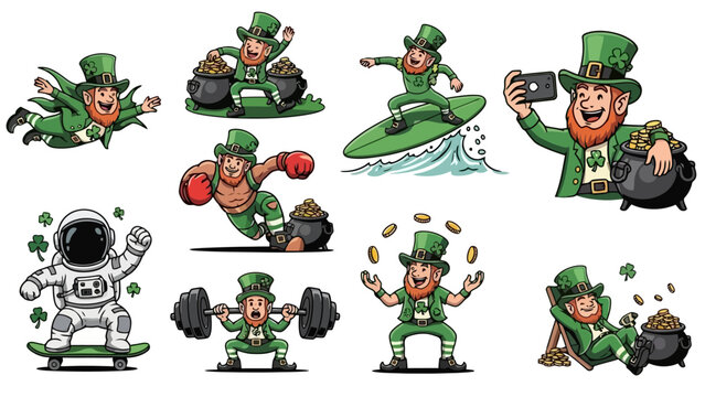 Collection of cartoon leprechauns engaged in various activities like surfing, boxing, weightlifting, and taking selfies, with pots of gold and shamrocks.