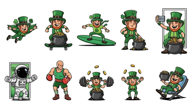 A collection of ten cartoon illustrations featuring leprechauns and other characters in various activities like skateboarding, surfing, weightlifting, and space exploration.