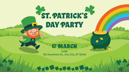 St. Patrick's Day party banner with cute leprechaun and pot of gold. Vector cartoon landscape with rainbow for 17 March holiday celebration design