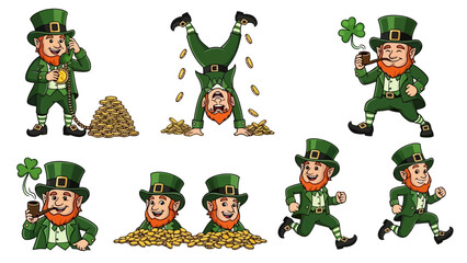 A collection of cartoon leprechauns in various poses, some with piles of gold coins and shamrocks, celebrating St. Patrick's Day.