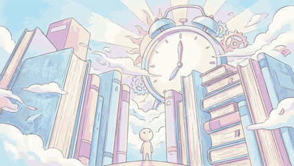 Dreamlike illustration of small character in a world of towering books and time