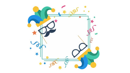 A festive square frame decorated with carnival elements like jester hats, mustaches, glasses, and confetti.