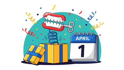 A jack-in-the-box with chattering teeth pops out of a gift box next to a calendar showing April 1st, surrounded by confetti.