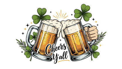 Two beer mugs clinking together with foam, shamrocks, and the words 'Cheers Y'all'.
