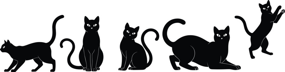 Fototapeta premium Complete collection of black cat silhouettes featuring various feline poses including walking sitting stretching and playing for pets and animal lovers designs