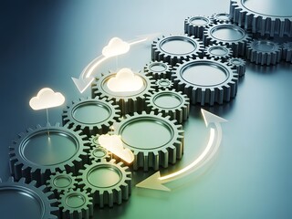 Hybrid management strategy wallpaper featuring digital gears, cloud icons, and directional arrows showing structured coordination