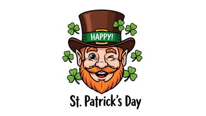 Happy St. Patrick's Day greeting with a winking leprechaun wearing a hat and shamrocks, festive