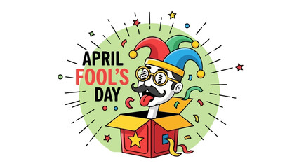 A colorful illustration of a jack-in-the-box popping out with a clown face, celebrating April Fool's Day with confetti and stars.