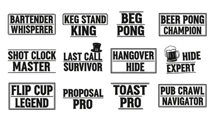 Collection of various text labels and titles related to drinking and social activities.