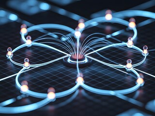 Team coordination poster with network grids, circular flow diagrams, and connected data nodes representing structured collaboration