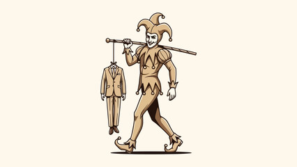 A jester in a traditional costume walks carrying a suit on a stick over his shoulder, symbolizing a change in persona or a playful deception.