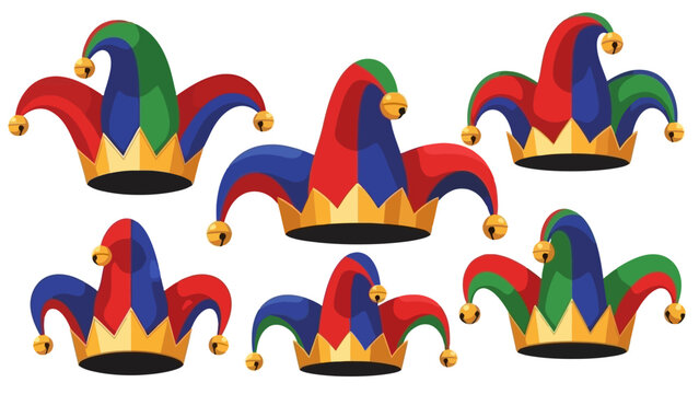 A collection of seven colorful jester hats with bells, arranged in two rows on a white background.