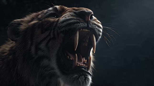 A saber-toothed tiger bares its sharp teeth in a fierce roar, close-up view