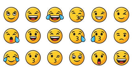 Fototapeta premium A vibrant collection of 18 yellow cartoon emojis, each expressing a different emotion or reaction with distinct facial features and expressions.