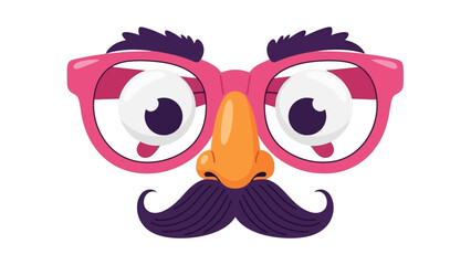 A funny disguise mask with large pink glasses, a big orange nose, and a bushy purple mustache and eyebrows.