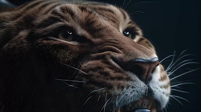 A saber-toothed tiger reveals its sharp teeth in a fierce roar, captured in a close-up illustration.