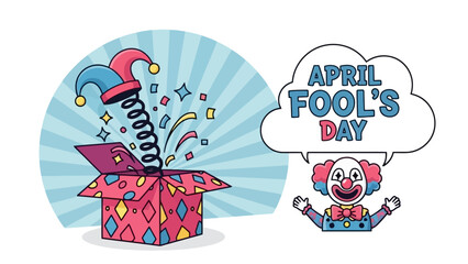 A colorful illustration of a jack-in-the-box popping out of a patterned box, with a clown and a speech bubble saying "April Fool's Day".