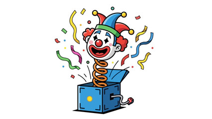 A classic jack-in-the-box toy with a clown popping out, surrounded by colorful confetti and streamers.