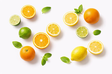 Fototapeta premium Fresh citrus fruits and mint leaves on white background