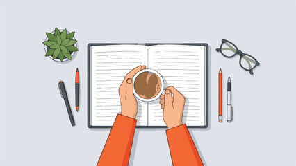 Flat lay of desk scene with hands holding coffee over an open notebook