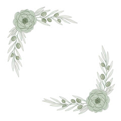 Delicate minimal floral corner design with peonies and olive branches in neutral sage green isolated on white background.png