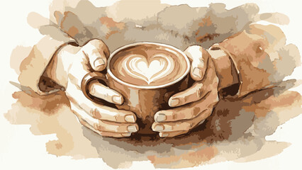 Warm watercolor art of hands holding coffee cup with heart latte art