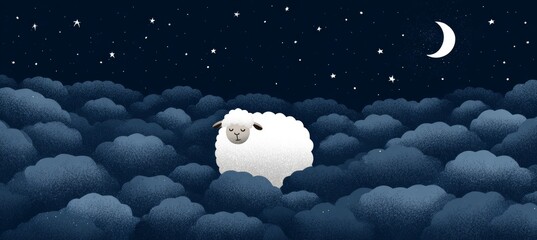 Loss sheep at night with crescent moon. Generative AI technology.	
