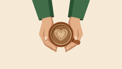 Hands holding coffee cup with heart latte art, offering warm beverage