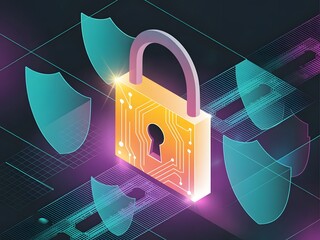 Abstract data security background with glowing padlocks, shields, and digital grids representing hybrid work protection and privacy
