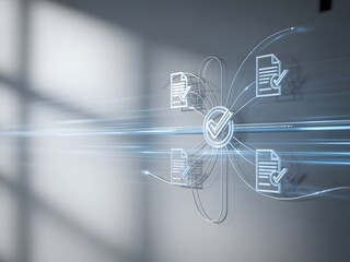 Compliance regulation wallpaper featuring document icons, check marks, and network lines symbolizing verified hybrid systems