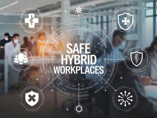 Health and safety compliance poster featuring first-aid icons, shield symbols, and abstract glowing circles for safe hybrid workplaces