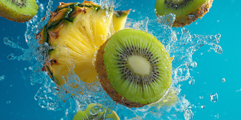 Fresh pineapple and kiwi slices splashing in water against blue background  