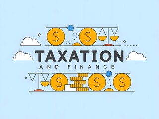 Taxation and finance banner using geometric coins, balance scales, and cloud icons to represent global hybrid tax systems
