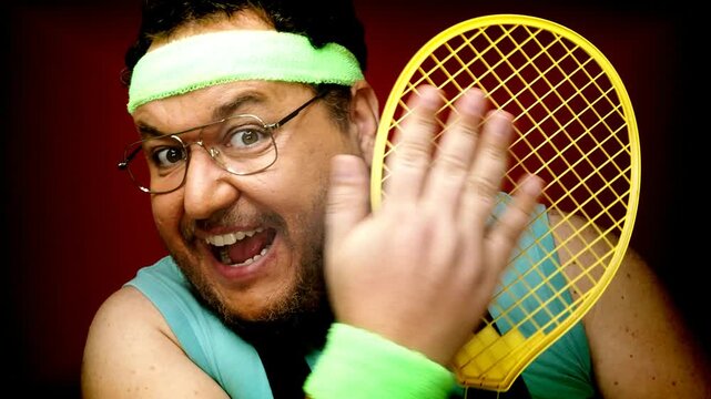 A funny fat man doing fitness exercises. Red background.