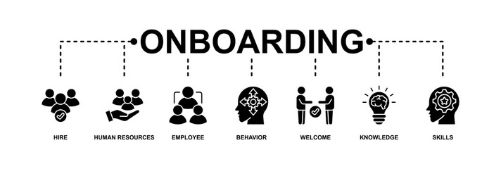 Onboarding banner web icon vector illustration concept for human resources business industry to introduce newly hired employee into an organization with behavior, welcome, knowledge, and skills