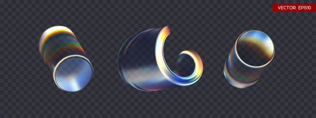 Set of 3d transparent iridescent glossy twist round shapes and cylinders with dispersion effect. Rainbow colors reflection glass. Vector illustration.